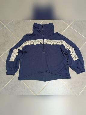 Umgee Boho Navy Blue Quarter-Zip Pullover with Crochet Lace Detail – Size S